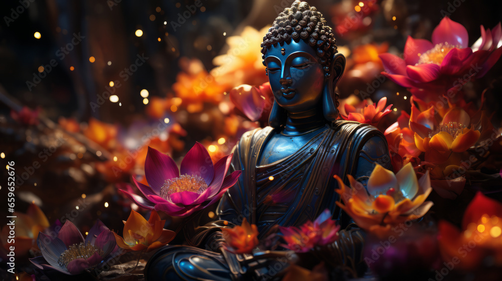 Buddha, Maravichai posture sitting in the middle of large multi-colored lotus flowers.