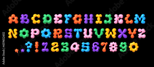 Trendy Y2K glossy 3D bubble font with inflated balloon English letters and numbers. Multicolored flower bloom shaped vector alphabet for 2000s and 90s designs