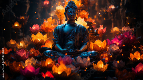 Buddha  Maravichai posture sitting in the middle of large multi-colored lotus flowers.