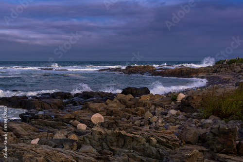 Waves crashing on rocky shore near Ogunquit, Maine
