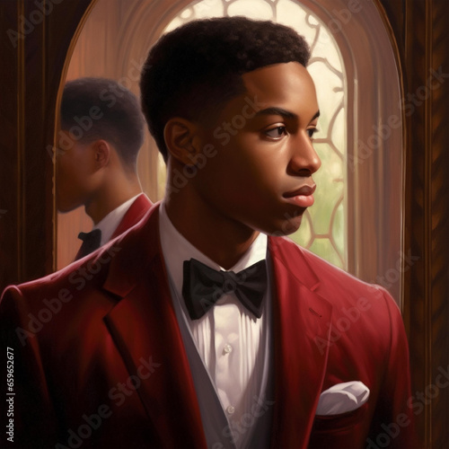 Man in the Mirror, Classic African American Portrait, Black Man Looking in Mirror, Wearing Suit, Kappa Alpha Psi Fraternity, Black Man Portrait, BLM, Black and Red Suit, Vintage Gold Picture Frame