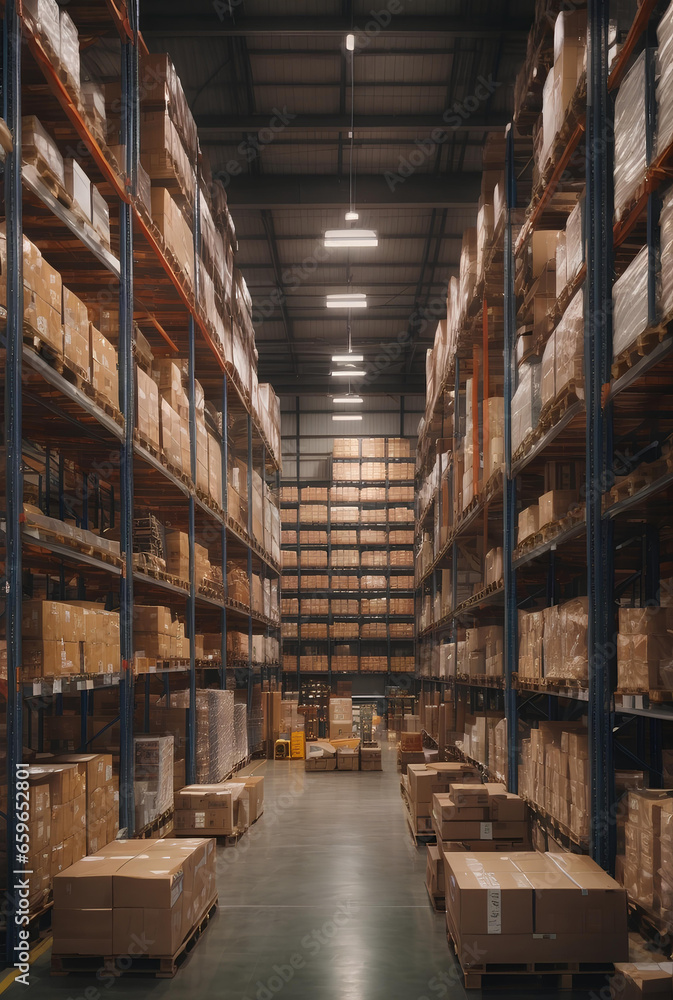 A large logistics warehouse filled with boxes parcels and merchandise. - obrazy, fototapety, plakaty 