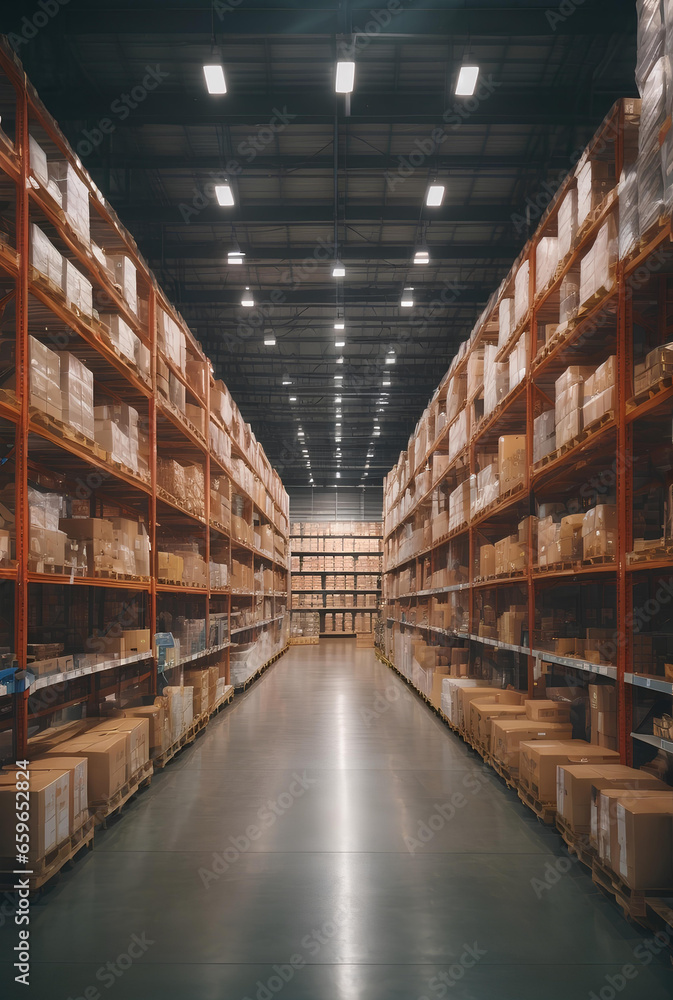 A large logistics warehouse filled with boxes parcels and merchandise.