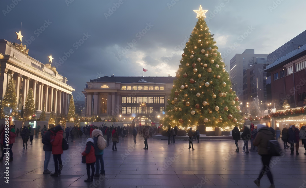 Obraz premium Beautiful big Christmas tree with Christmas decoration at central of city.