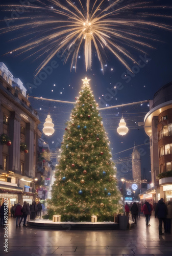 Beautiful big Christmas tree with Christmas decoration at central of city. © Creative_Bringer