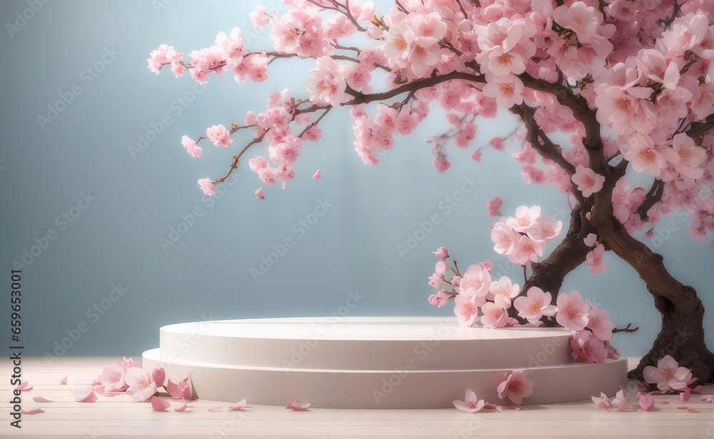 Modern podium with blooming cherry blossom background. Modern podium with blooming cherry blossom background.