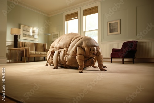Übergroße Hausstaubmilbe auf Teppichboden im Raum © stockmotion