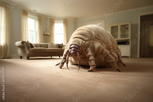 Übergroße Hausstaubmilbe auf Teppichboden im Raum photo