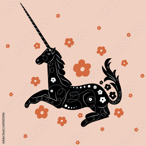 Fairytale unicorn scandinavian art. Folk rural design. Black unicorn silhouette with flowers and spiral lines on pink background. Vector illustration.