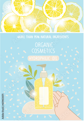 Vector illustration of Natural organic cosmetics. Hand holding  Hydrophilic oil for makeup remover. Daily skin care routine concept. Colored flat vector illustration.