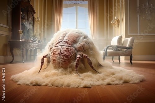 Übergroße Hausstaubmilbe auf Teppichboden im Raum © stockmotion