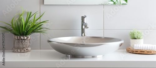 White and silver modern sink inside a bathroom