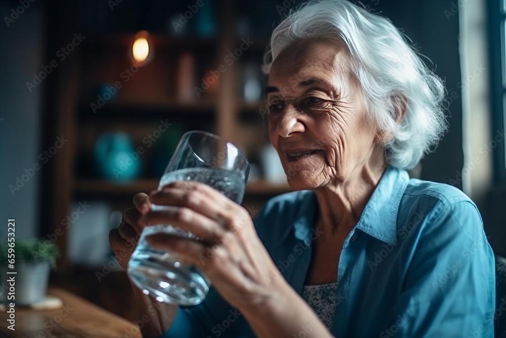 Wellness, home or healthy old woman drinking water for healthcare in a house. Wellness, home or healthy old woman drinking water for healthcare in a house.