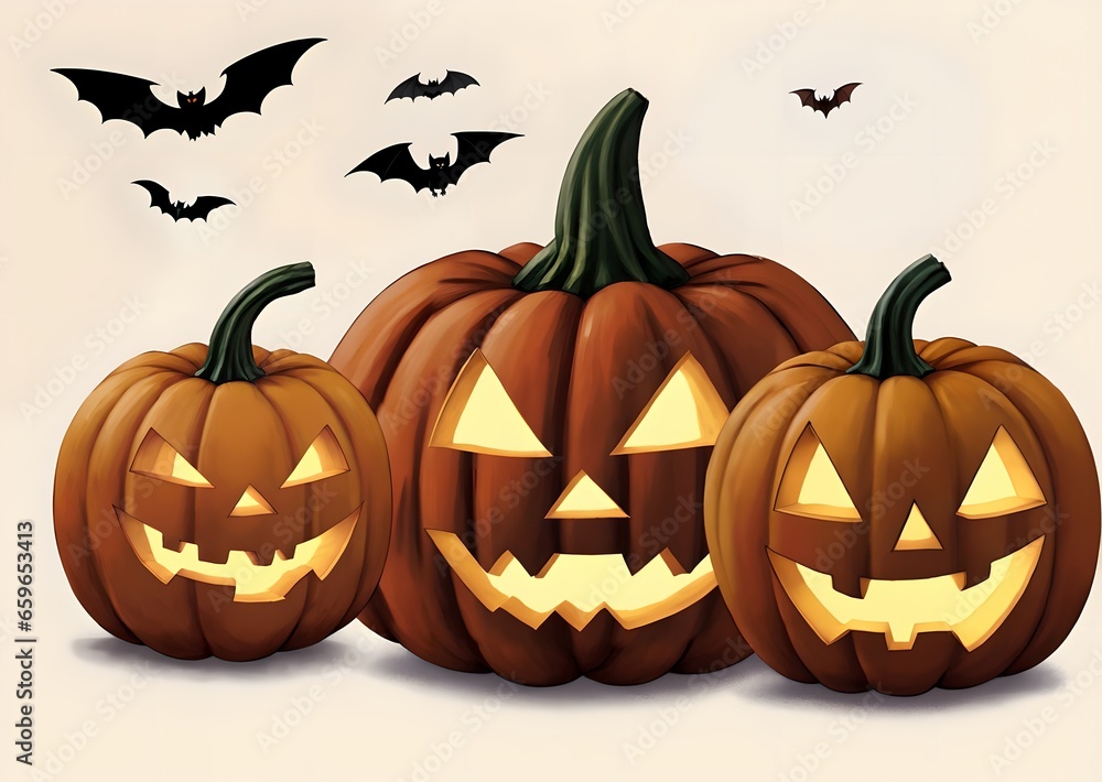 Halloween pumpkin and bats on white, party card, light wallpaper Halloween pumpkin and bats on white, party card, light wallpaper