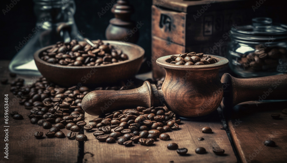 Rustic coffee shop still life Fresh ground beans, dark aroma generated by AI Rustic coffee shop still life Fresh ground beans, dark aroma generated by AI