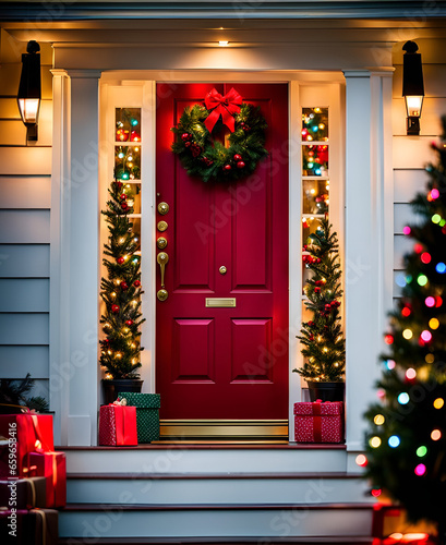 Red front door with christmas wreath. presents on  steps and mini christmas trees on a porch decorated for seasonal holiday displays. Glowing string lights and porch lights create bokeh and ambiance. 