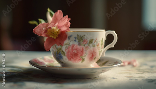 Hot drink refreshment on wooden table with elegant flower decoration generated by AI