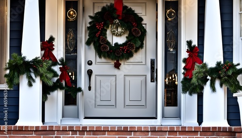 White front door covered in seasonal Christmas decorations. Glowing lights, bulbs, and green wreaths adorn the beautiful architecture of a nice door.  photo