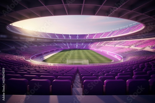 3D render of circular soccer stadium featuring purple seating. Generative AI