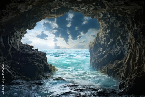 Serene Sea wave photo from cave. Rock scenic. Generate AI