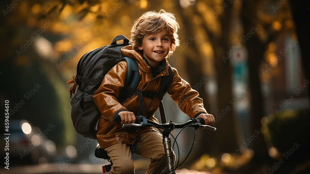 Fototapeta premium full length,photo of A child boy riding a bicycle goes to school,golden hour,generative ai