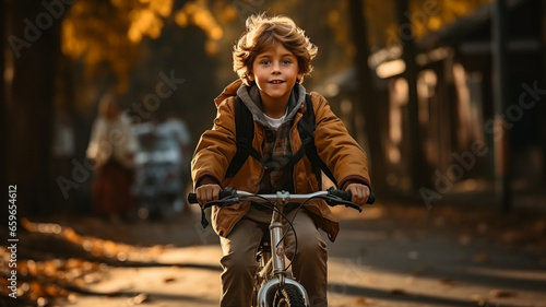 full length,photo of A child boy riding a bicycle goes to school,golden hour,generative ai