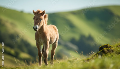 Young horse grazing in tranquil meadow generated by AI