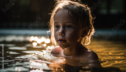 Cute Caucasian child enjoying summer pool fun generated by AI
