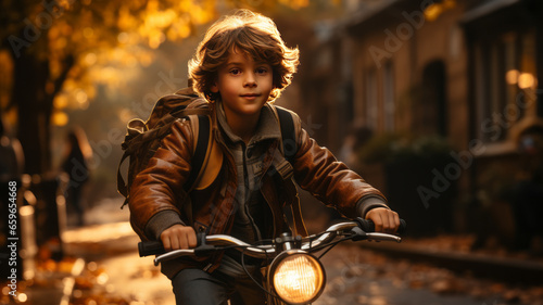 full length,photo of A child boy riding a bicycle goes to school,golden hour,generative ai © LomaPari2021