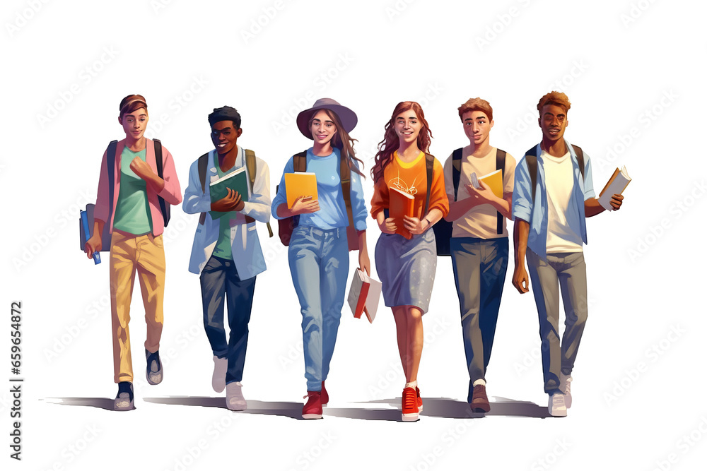 Obraz premium Group of multiracial and multicultural students. Young girls and boys holding books. isolated transparent backgroundgenerative ai