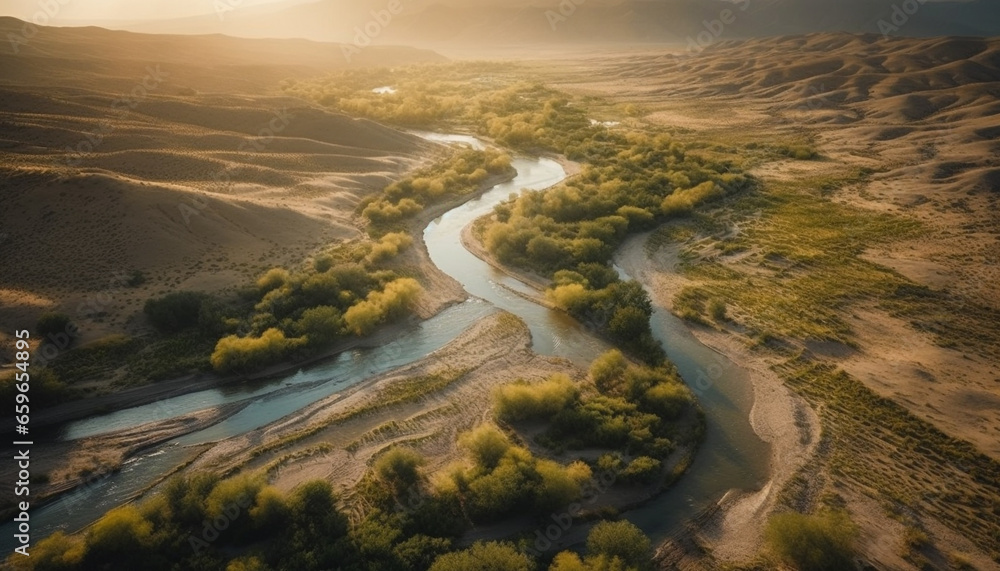 Tranquil meadow, green forest, mountain range, and coastline beauty generated by AI Tranquil meadow, green forest, mountain range, and coastline beauty generated by AI