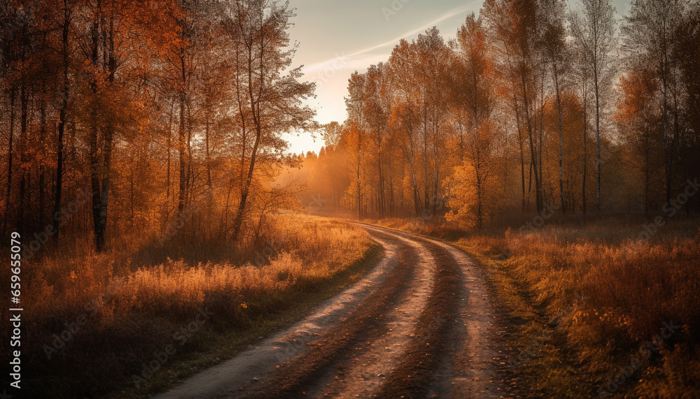 Vibrant autumn foliage paints tranquil forest scene generated by AI Vibrant autumn foliage paints tranquil forest scene generated by AI