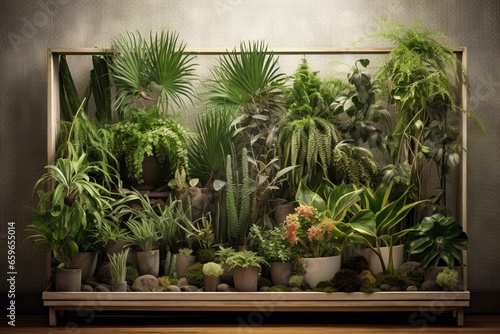 Assorted indoor plants showcase in a frame. Generative AI