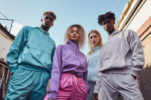 A diverse group of four young people wearing trendy athletic clothing gather outdoors