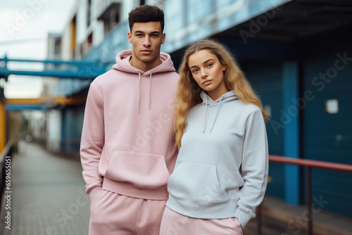 Fotomurale Two young individuals wearing matching pastel hoodies stand in an urban setting