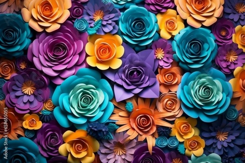 Colorful flower backdrop with roses in shades of yellow  violet  and turquoise. Digitally crafted 3D illustration. Generative AI