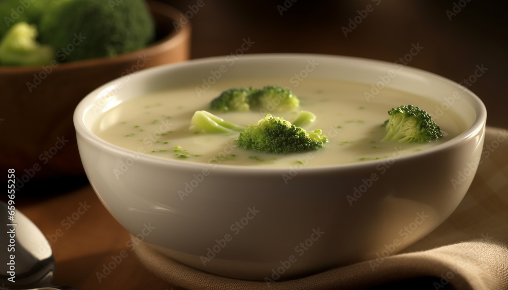 Healthy vegetarian soup with fresh broccoli, creamy texture and parsley garnish generated by AI Healthy vegetarian soup with fresh broccoli, creamy texture and parsley garnish generated by AI