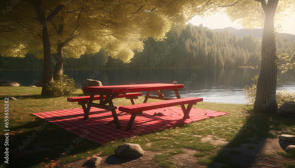 Tranquil scene of nature beauty, sitting on bench in forest generated by AI