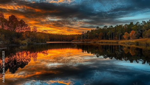 Majestic mountain reflects vibrant sunset over tranquil pond generated by AI