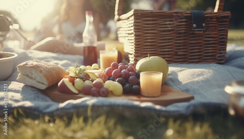 A summer picnic with fresh food, wine, and relaxation generated by AI