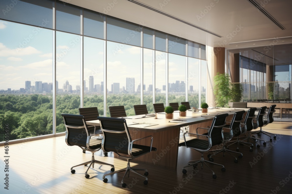 Scenic Panoramic meeting room view. Empty glass light. Generate Ai Scenic Panoramic meeting room view. Empty glass light. Generate Ai