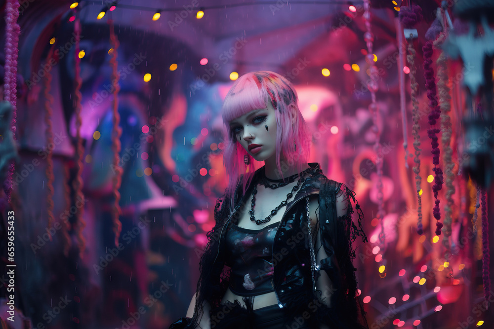Edgy woman amidst neon lights, pierced face, and pink hair Edgy woman amidst neon lights, pierced face, and pink hair