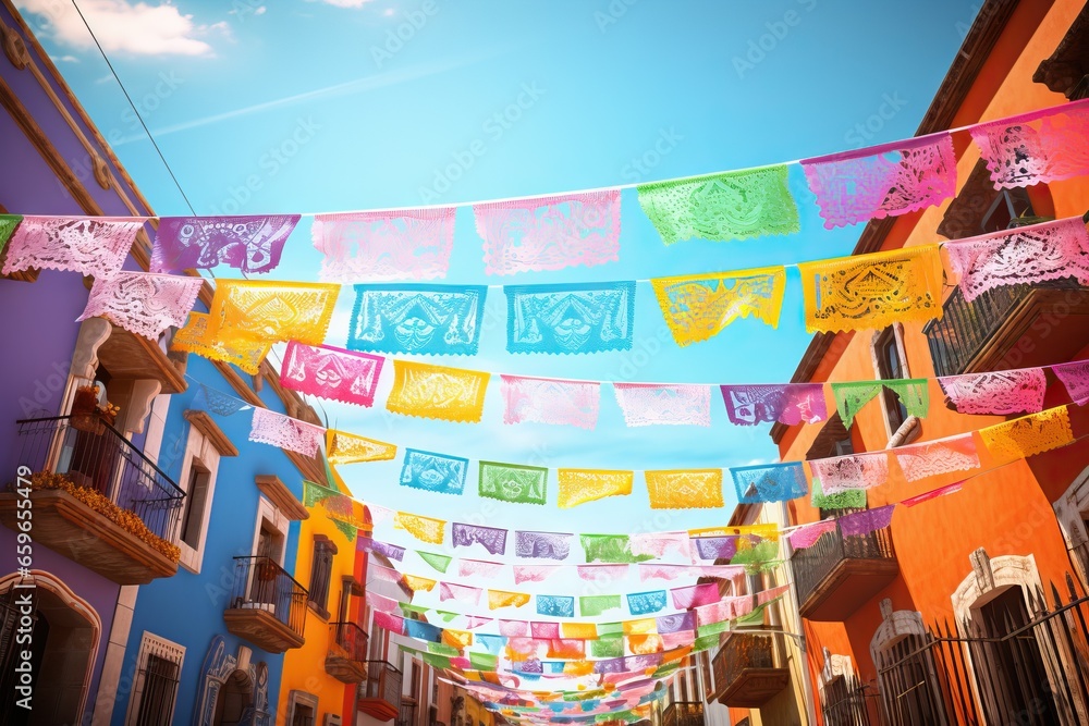 A sunlit street adorned with a canopy of multicolored papel picado banners, surrounded by colorful buildings
