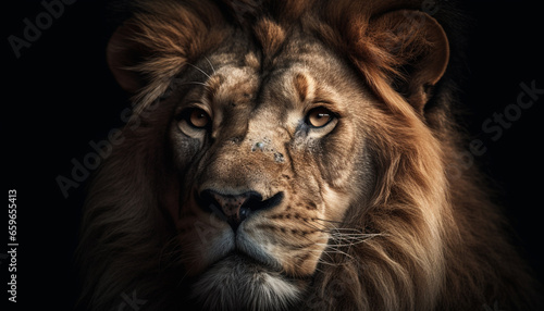 Majestic lion staring, close up portrait of a powerful male generated by AI © Stockgiu