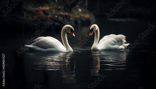 Swan family swimming in tranquil autumn pond generated by AI