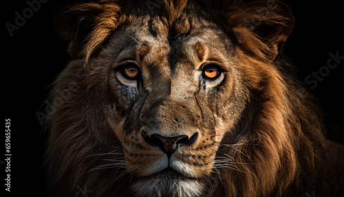 Majestic lion staring with alertness  focus on foreground  black background generated by AI