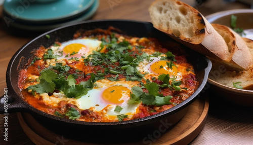 Freshly cooked shakshouka on rustic wooden table generated by AI