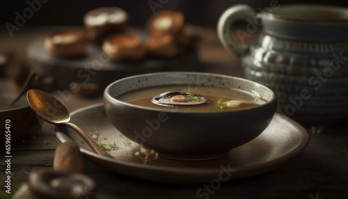 Freshly cooked vegetable soup served in rustic crockery on wooden table generated by AI