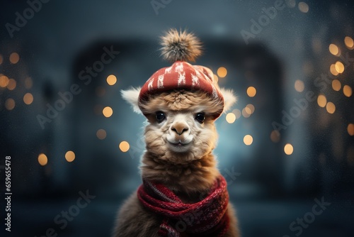 A cozy alpaca adorned in a festive winter hat and scarf, with a backdrop of twinkling lights