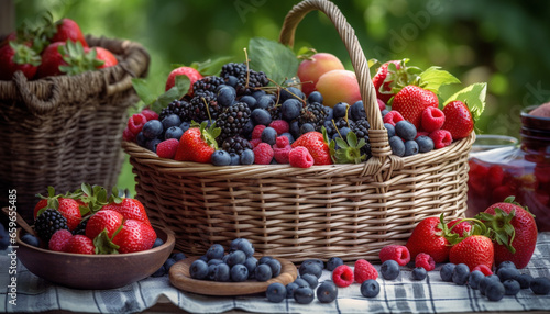 Organic berry basket  ripe  fresh  and healthy summer refreshment generated by AI